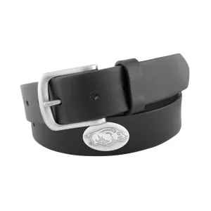 BLACK LEATHER BELT - PACKERS/RAZORBACKS