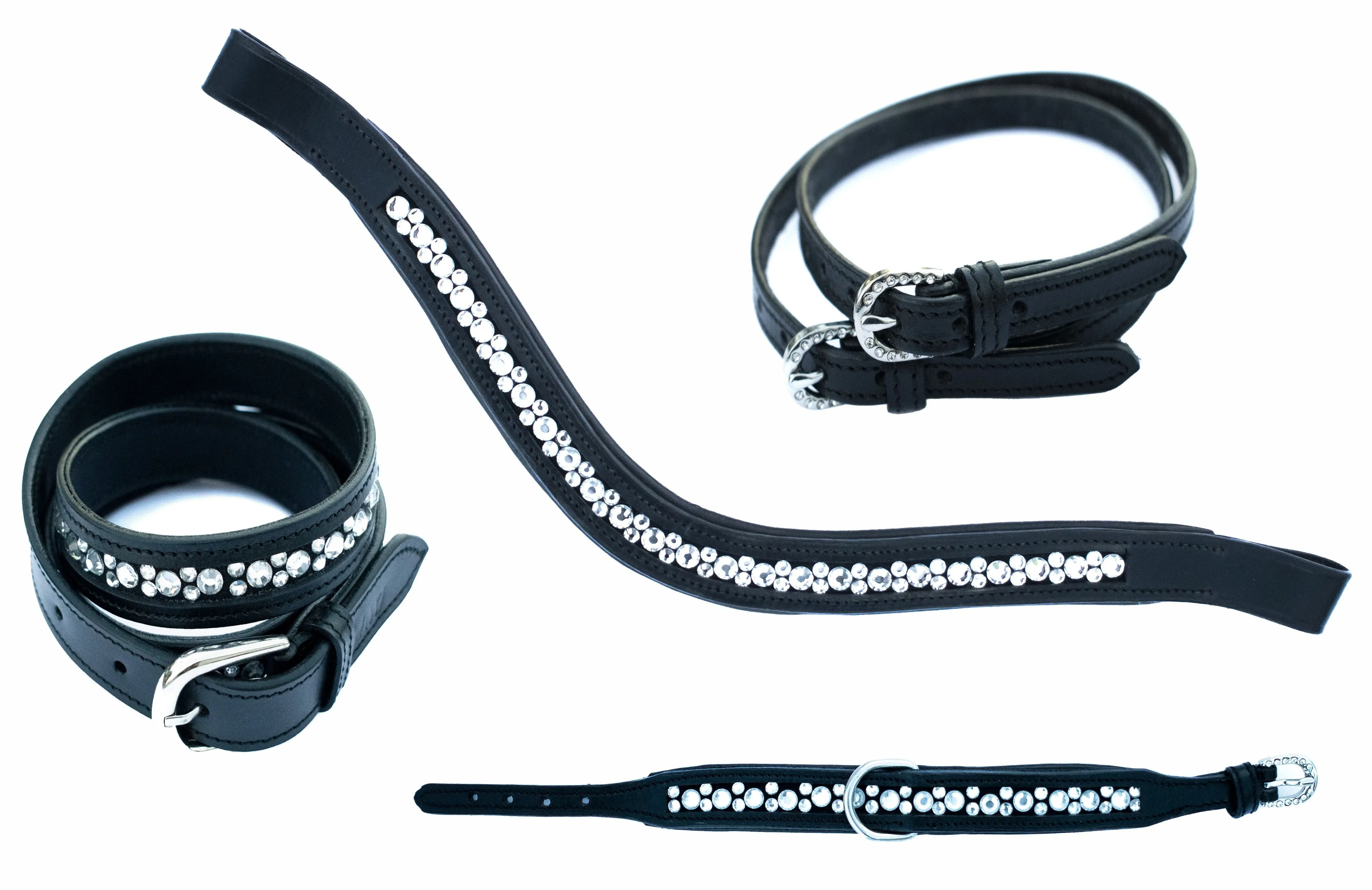 Black Leather Belt with Clear Channel Set Crystals