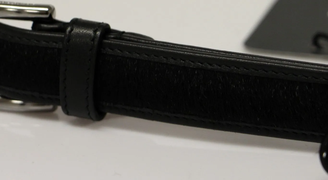 Black Leather Fur Logo Belt