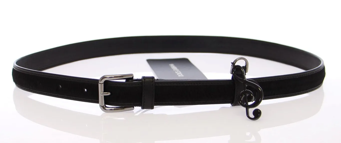 Black Leather Fur Logo Belt