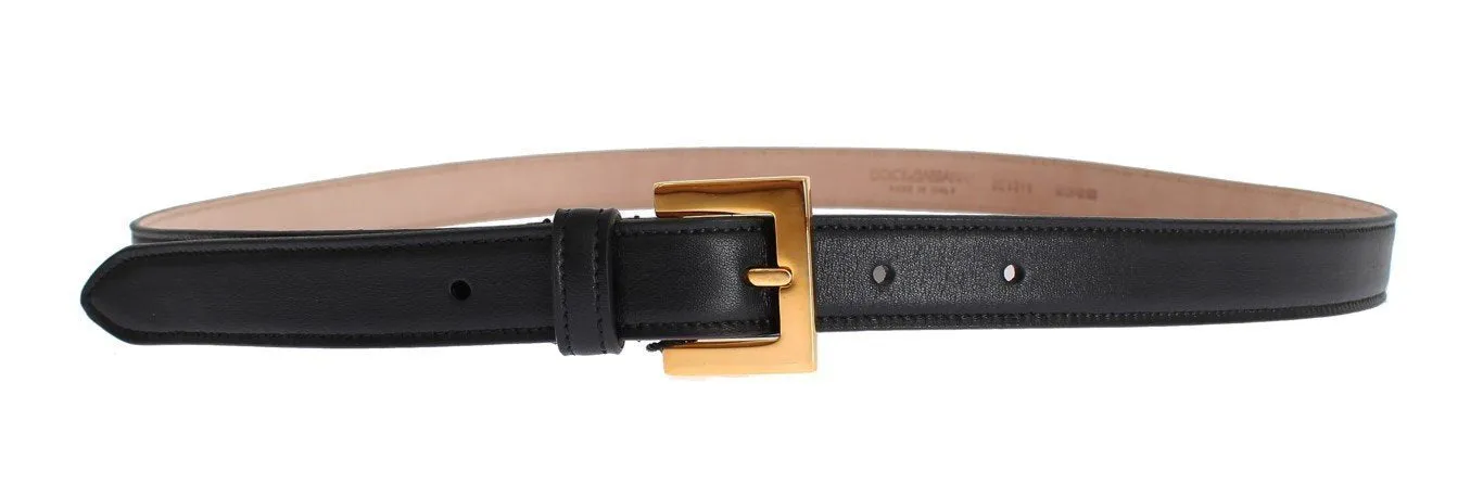 Black Leather Gold Buckle Logo Waist Belt