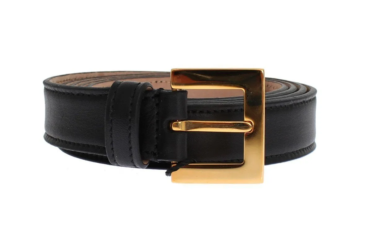 Black Leather Gold Buckle Logo Waist Belt