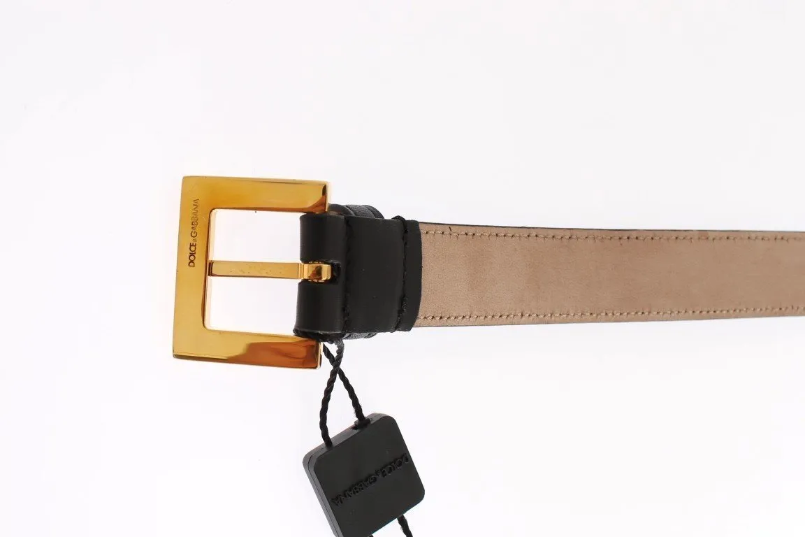 Black Leather Gold Buckle Logo Waist Belt