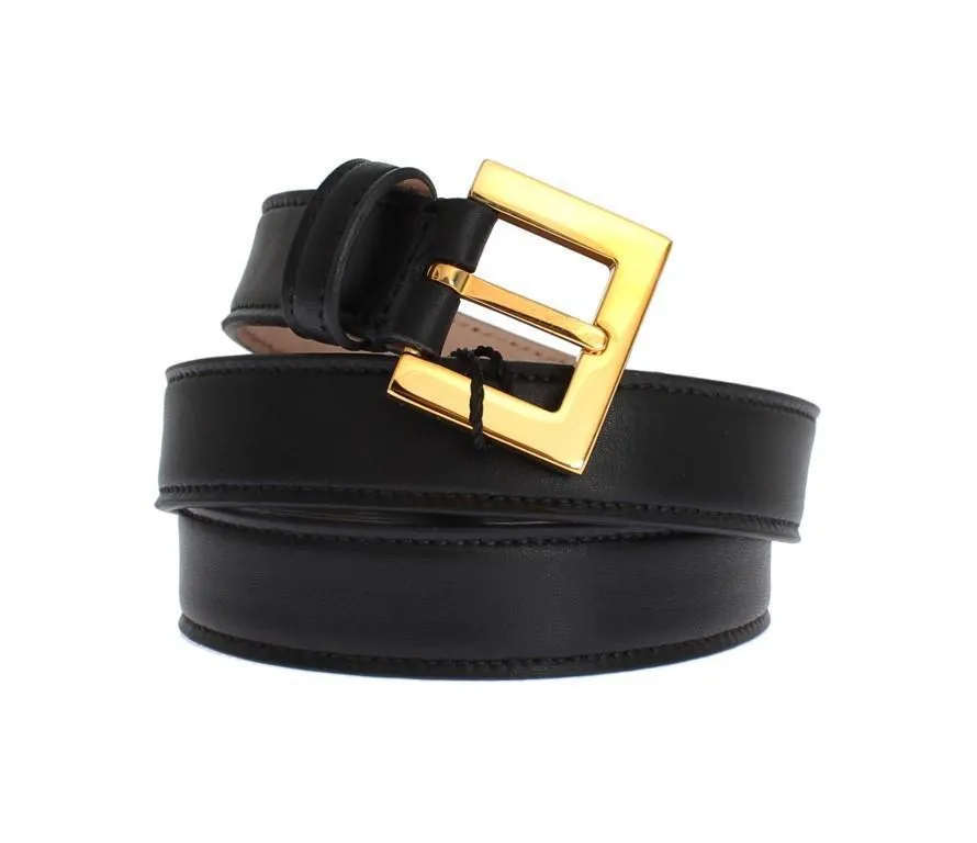 Black Leather Gold Buckle Logo Waist Belt