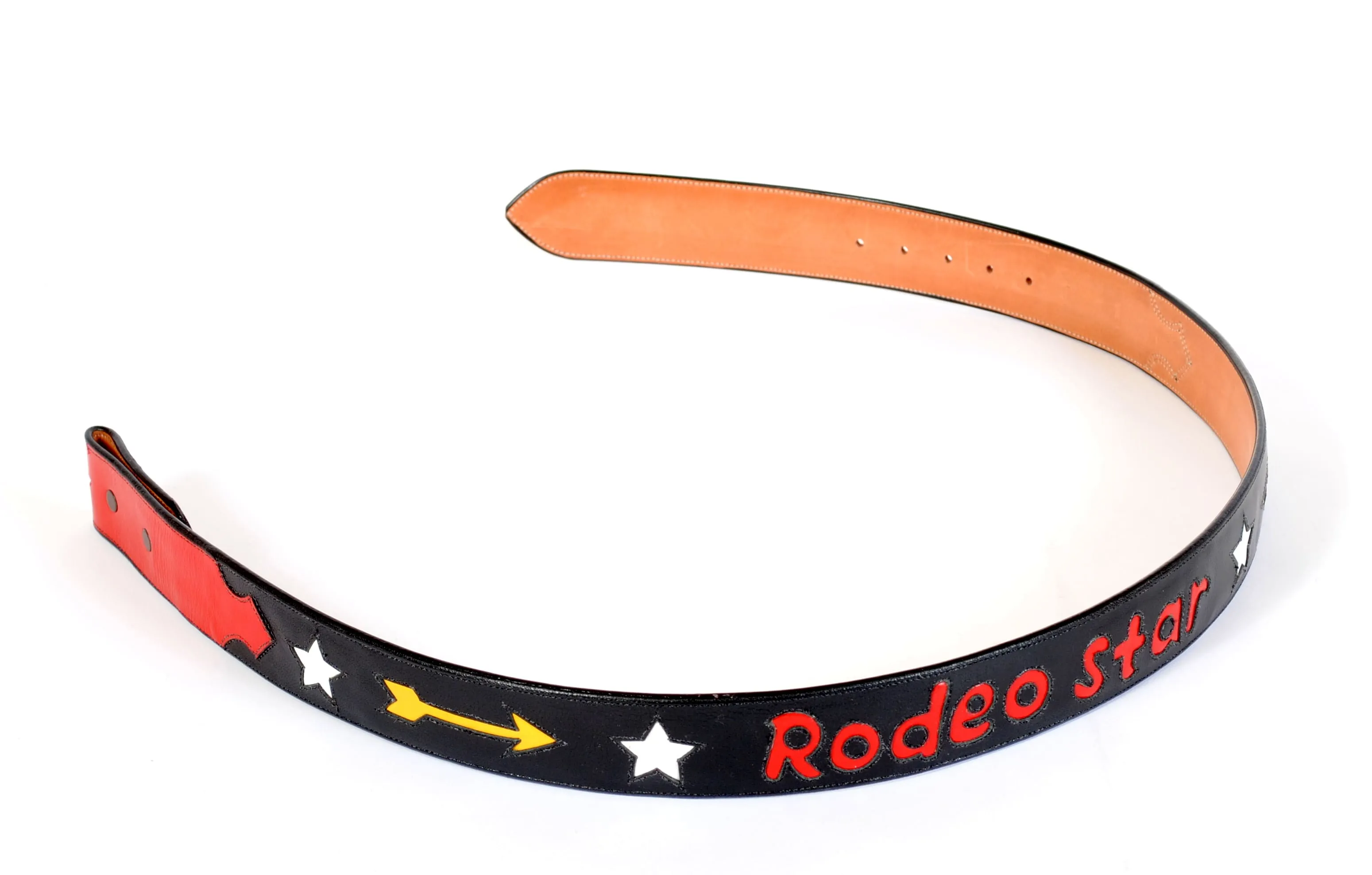Black Leather Handmade Belt "Rodeo Star" Inlaid Design sz 32"