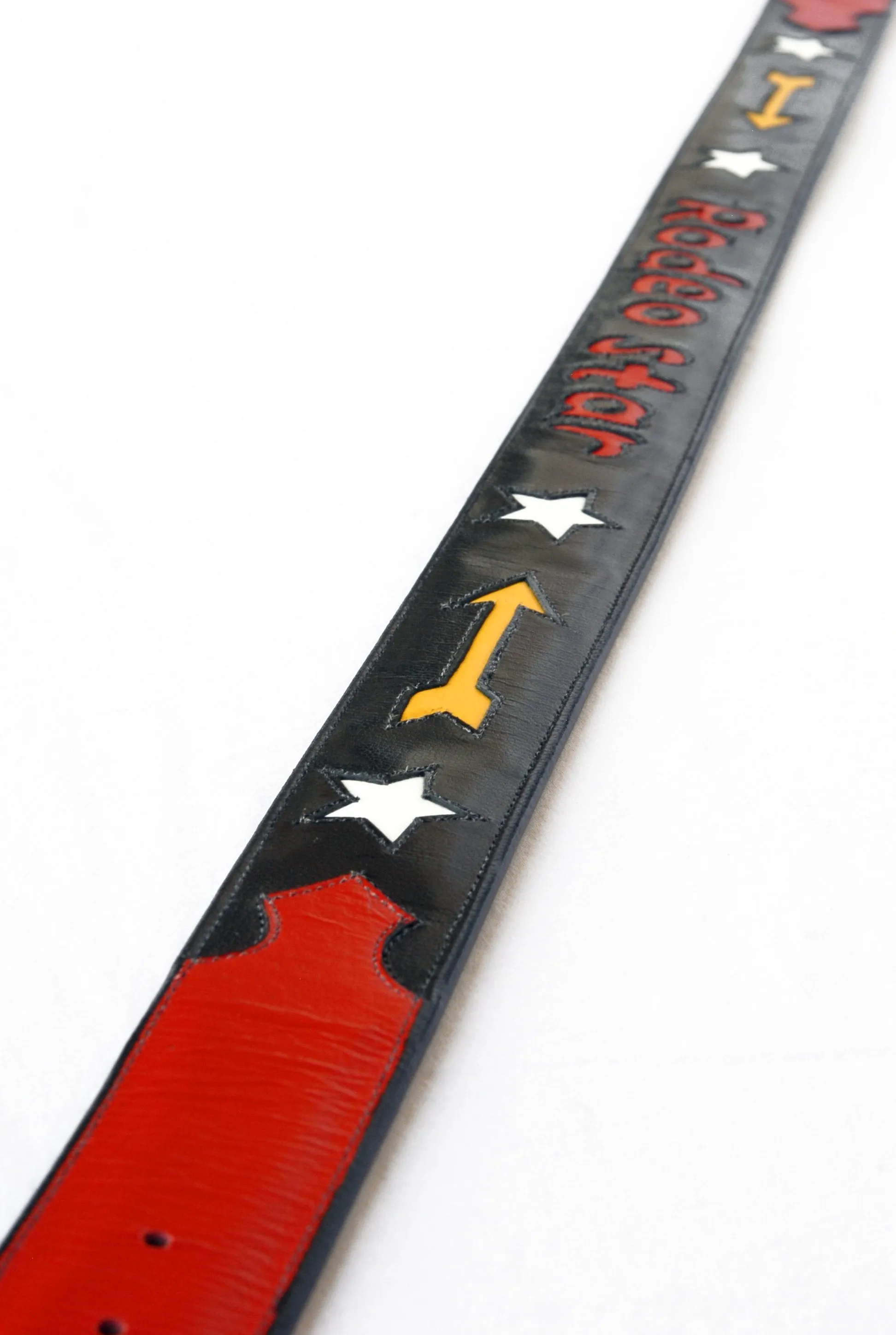 Black Leather Handmade Belt "Rodeo Star" Inlaid Design sz 32"