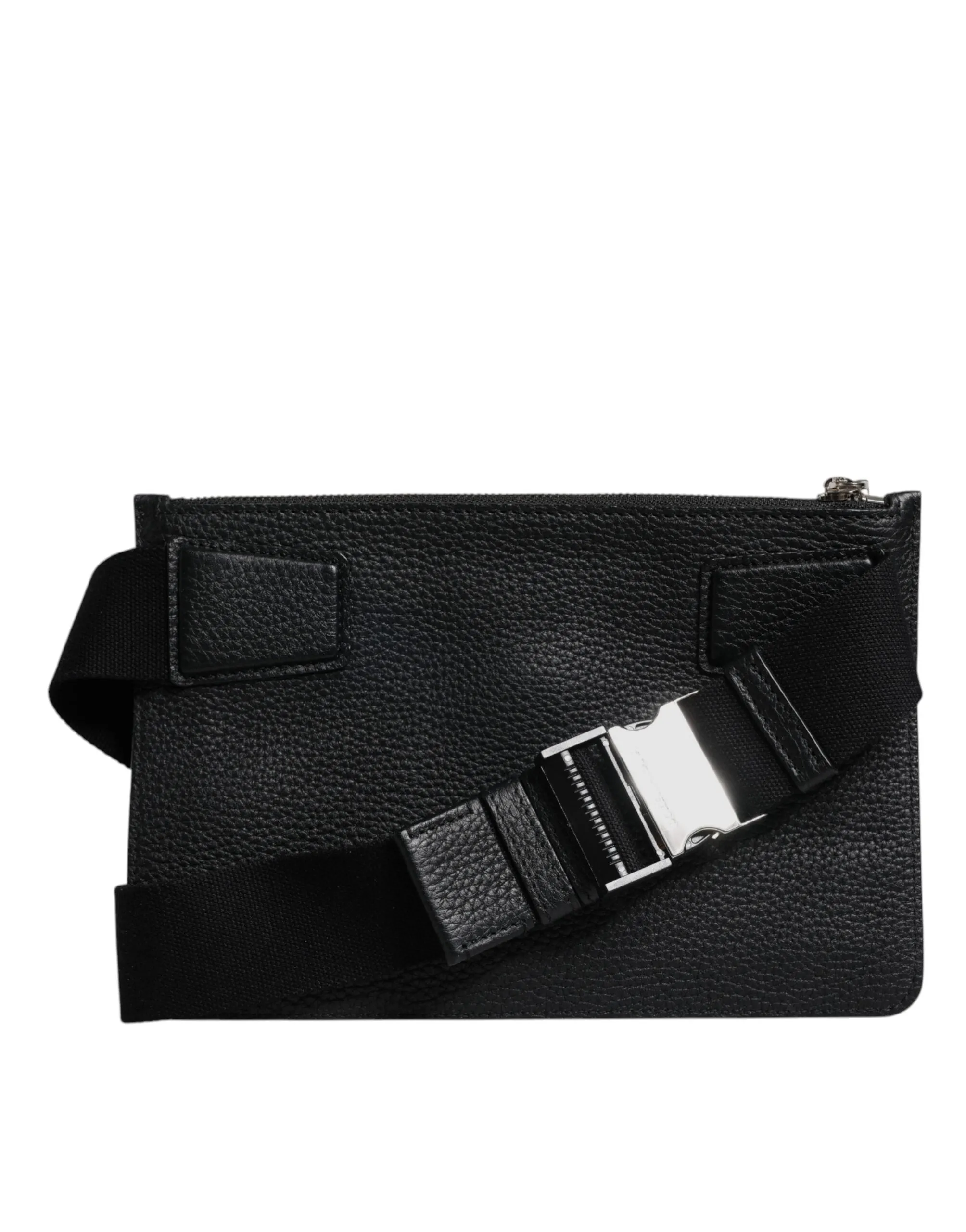 Black Leather Logo Plaque Purse Fanny Pack Bag