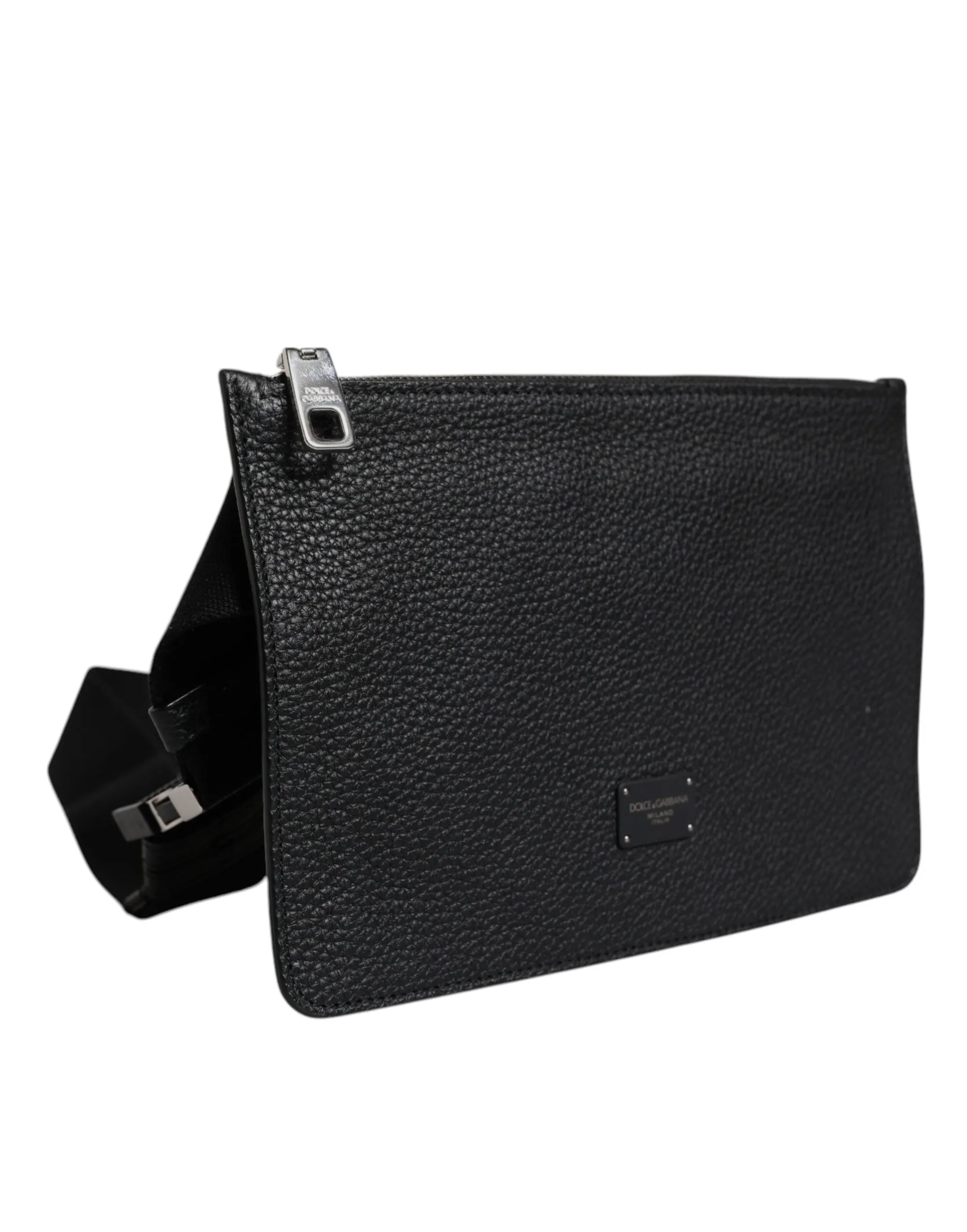 Black Leather Logo Plaque Purse Fanny Pack Bag