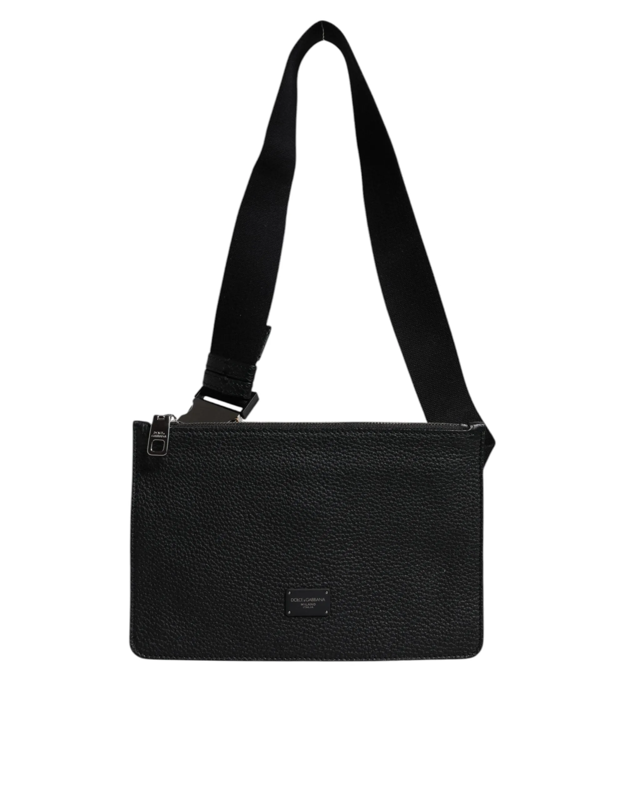 Black Leather Logo Plaque Purse Fanny Pack Bag