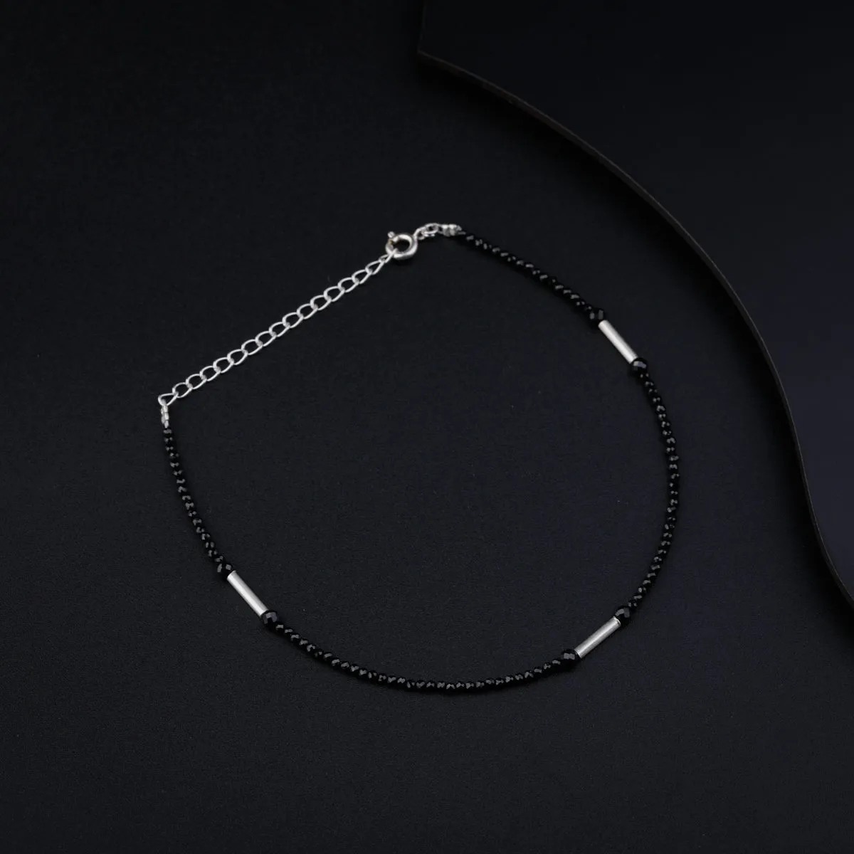 Black Spinel Anklet with  Silver Pipes