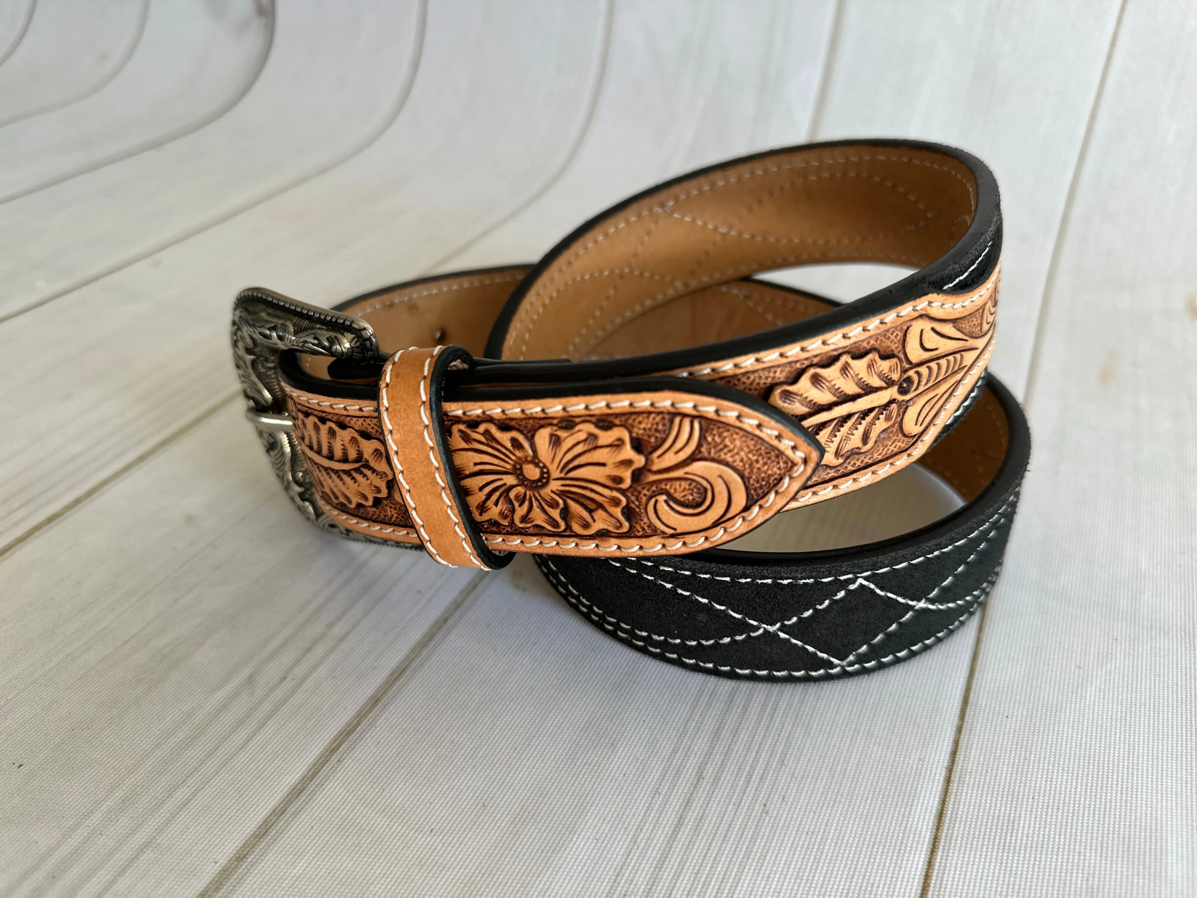 Black Suede and Leather Tooled Western Belt