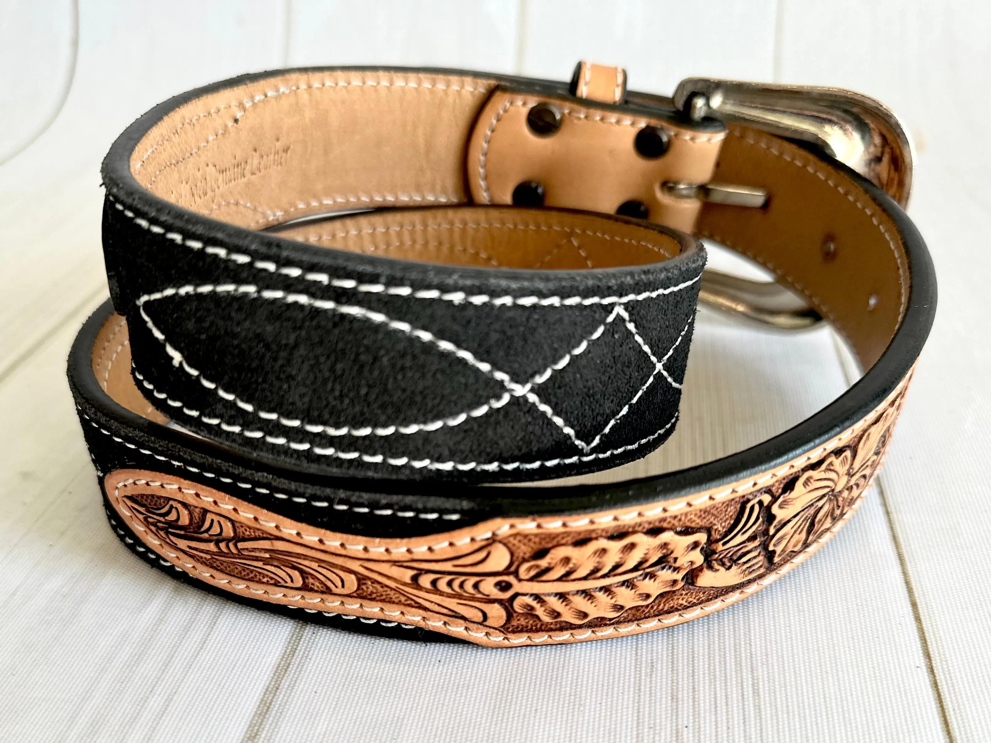 Black Suede and Leather Tooled Western Belt