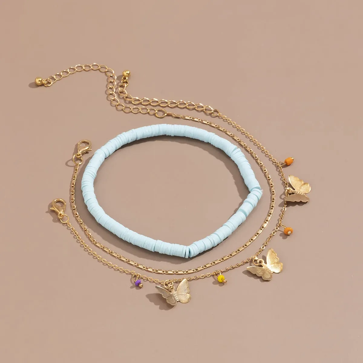 Blue & 18K Gold-Plated Butterfly Anklet Set