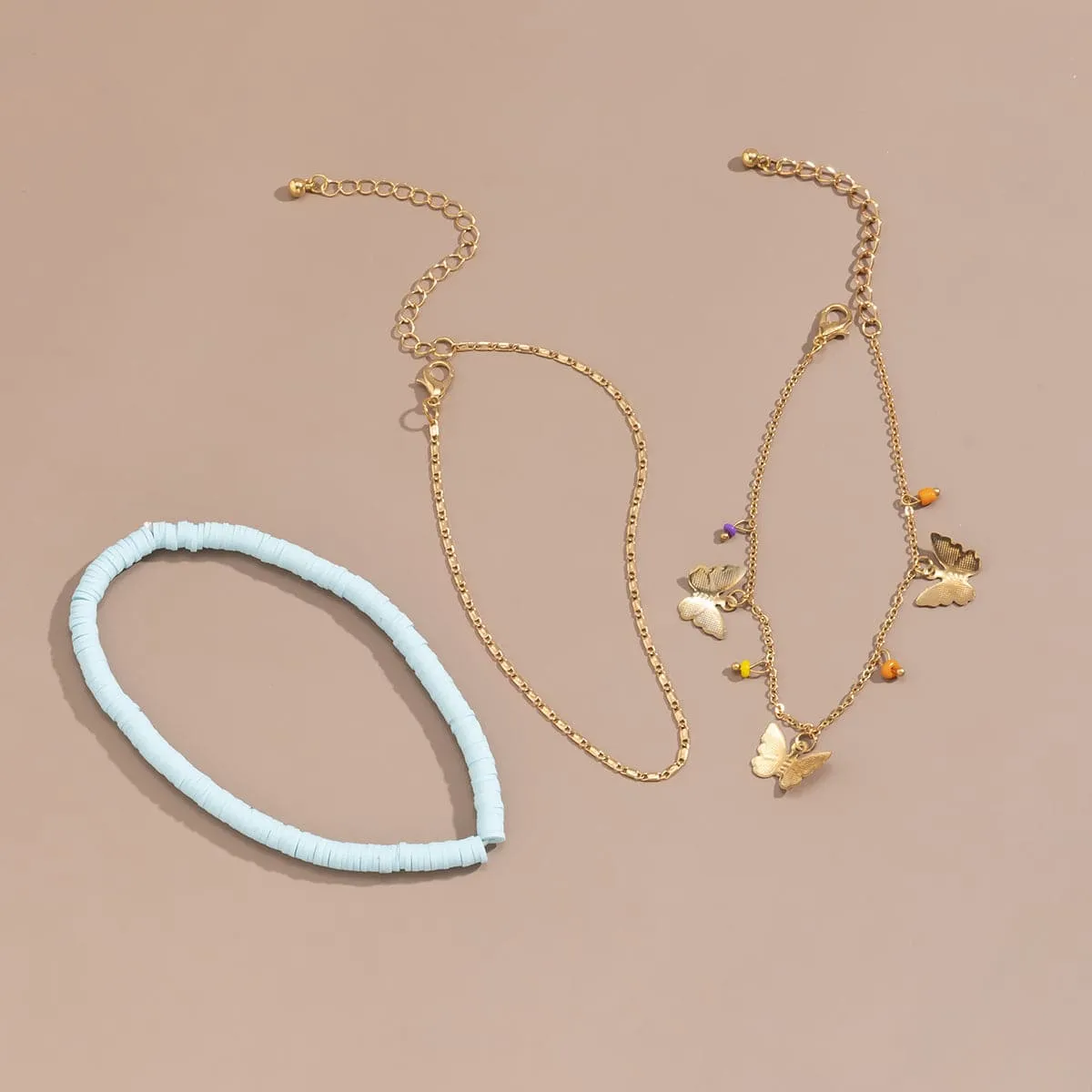 Blue & 18K Gold-Plated Butterfly Anklet Set