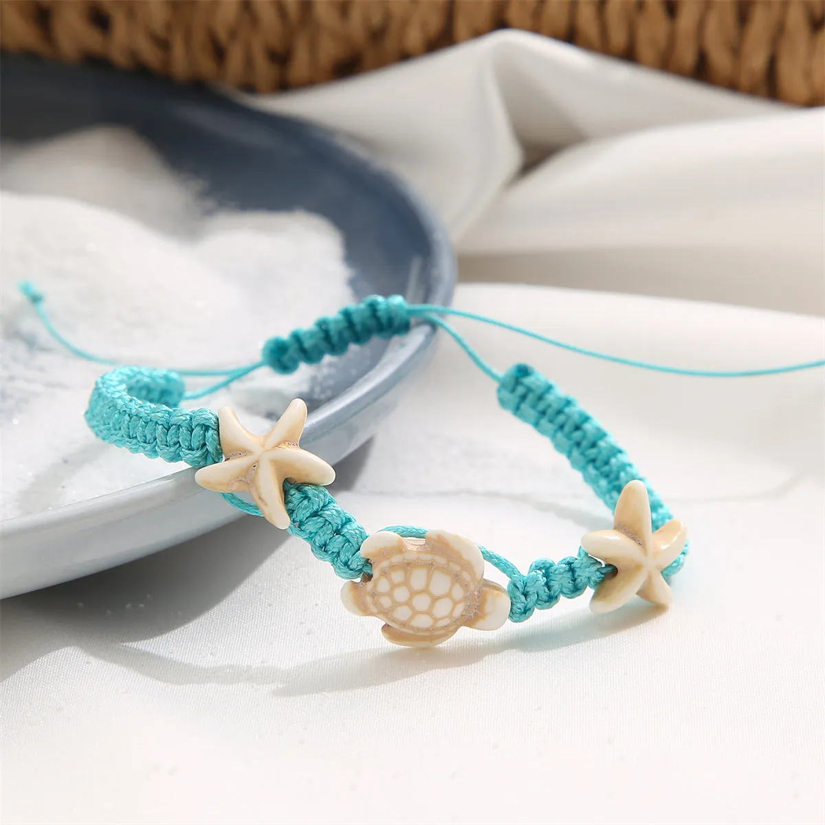 Blue & Beige Turtle Starfish Adjustable Anklet