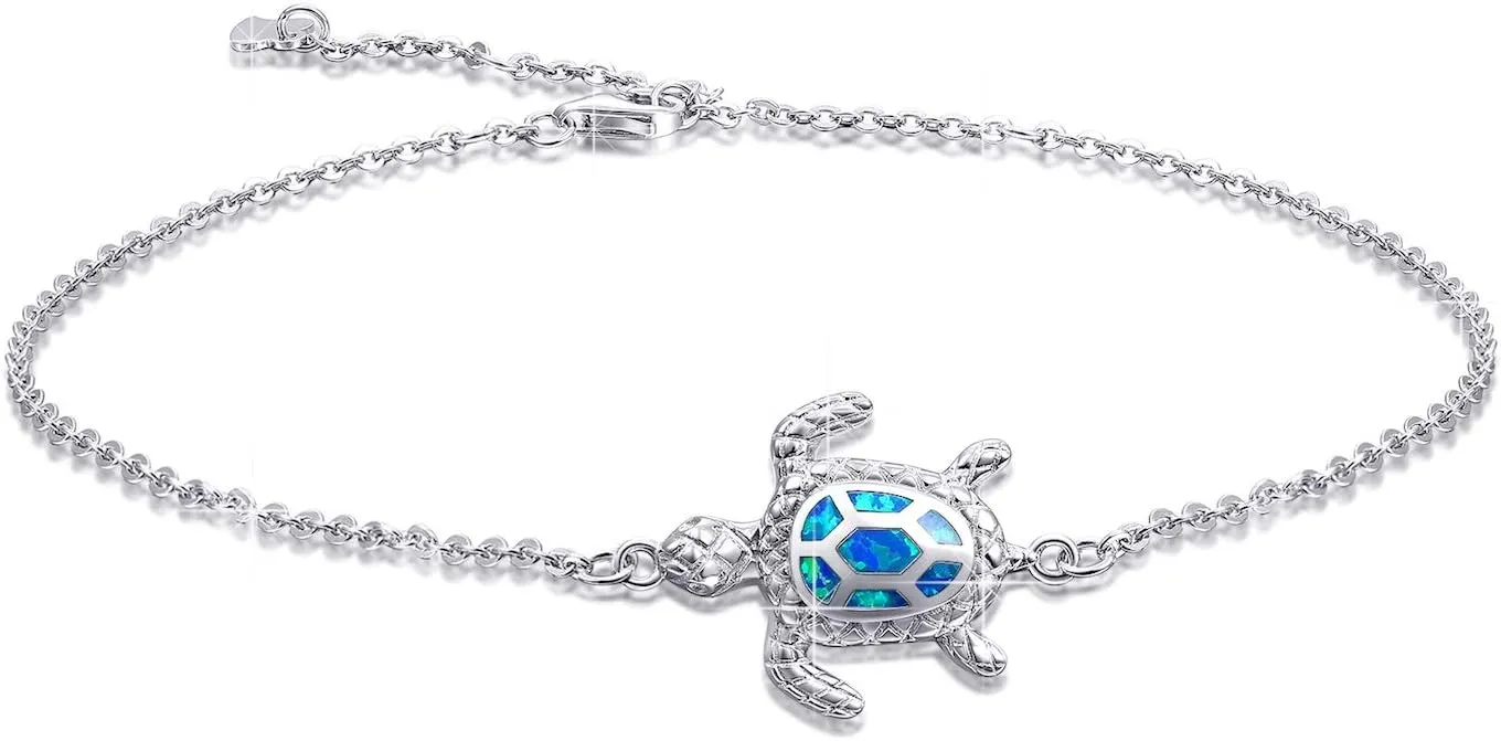 Blue Opal Sea Turtle Ankle Sterling Silver Anklet Fine Jewelry for Women Gifts 4 Level Adjustable Anklet (Large Bracelet)