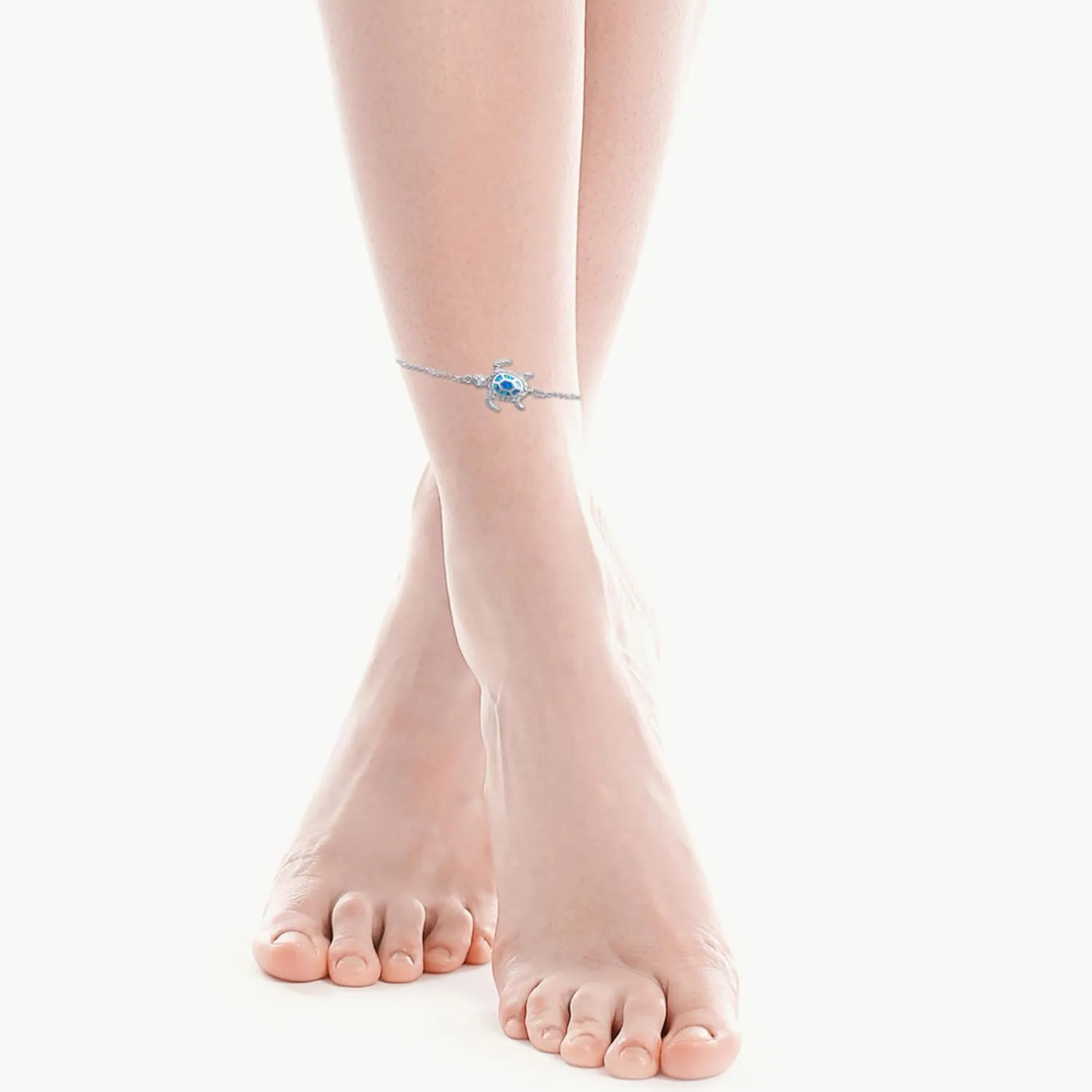 Blue Opal Sea Turtle Ankle Sterling Silver Anklet Fine Jewelry for Women Gifts 4 Level Adjustable Anklet (Large Bracelet)