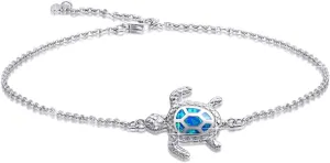 Blue Opal Sea Turtle Ankle Sterling Silver Anklet Fine Jewelry for Women Gifts 4 Level Adjustable Anklet (Large Bracelet)