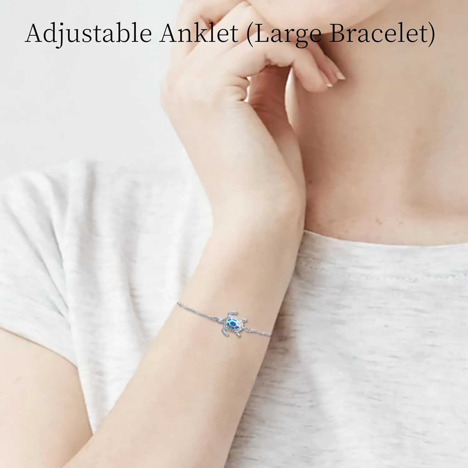 Blue Opal Sea Turtle Ankle Sterling Silver Anklet Fine Jewelry for Women Gifts 4 Level Adjustable Anklet (Large Bracelet)