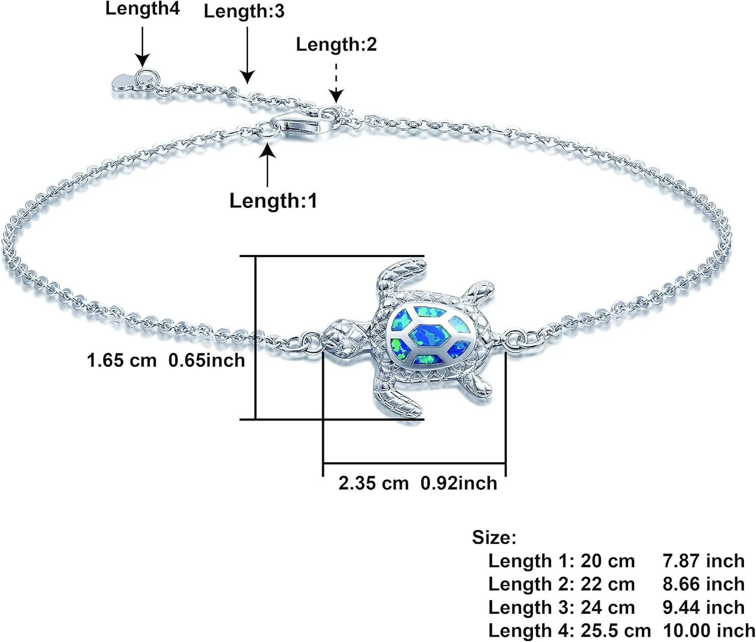 Blue Opal Sea Turtle Ankle Sterling Silver Anklet Fine Jewelry for Women Gifts 4 Level Adjustable Anklet (Large Bracelet)