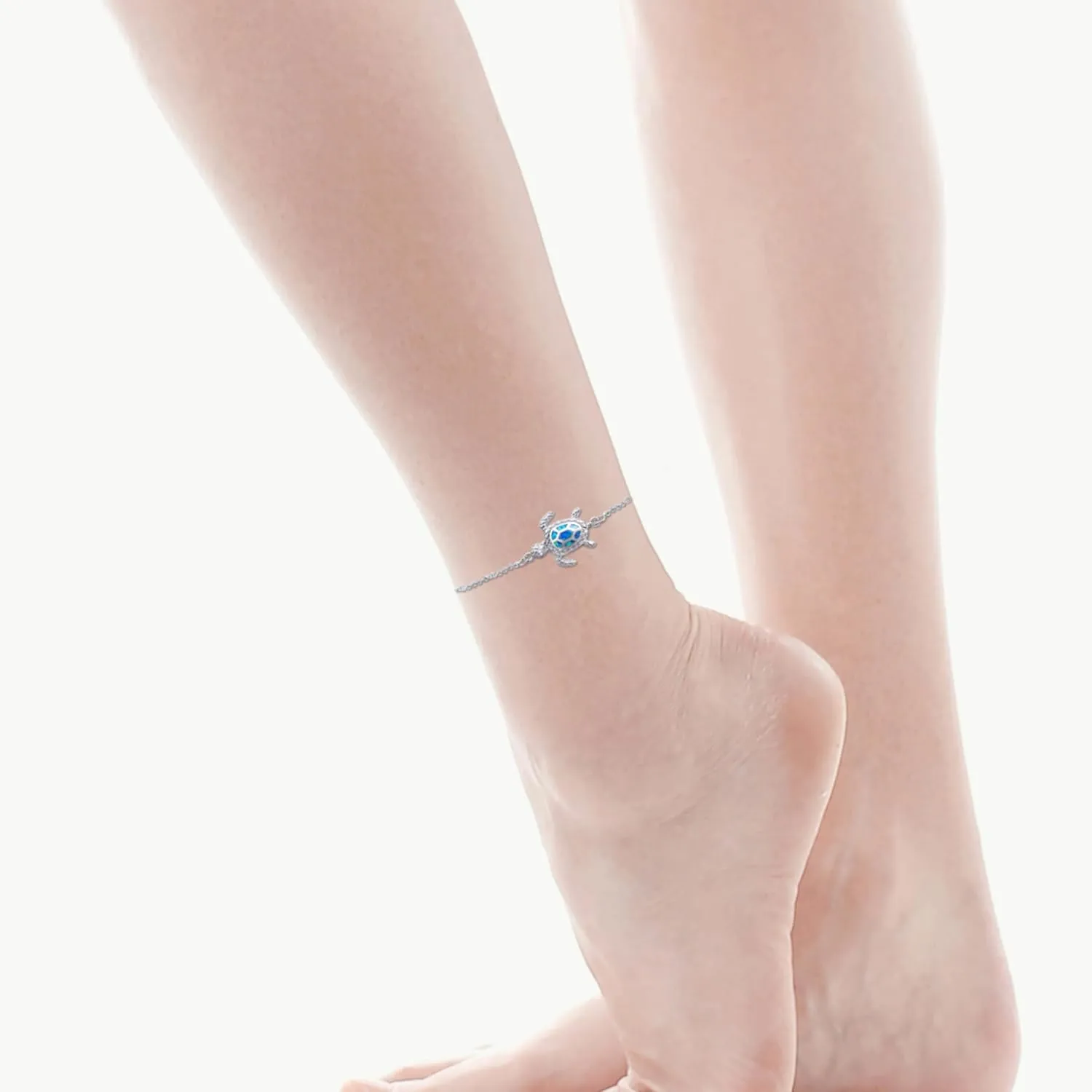 Blue Opal Sea Turtle Ankle Sterling Silver Anklet Fine Jewelry for Women Gifts 4 Level Adjustable Anklet (Large Bracelet)
