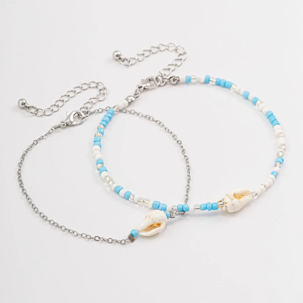 Boho 2Pcs Shell Charm Beaded Curb Chain Anklet Set