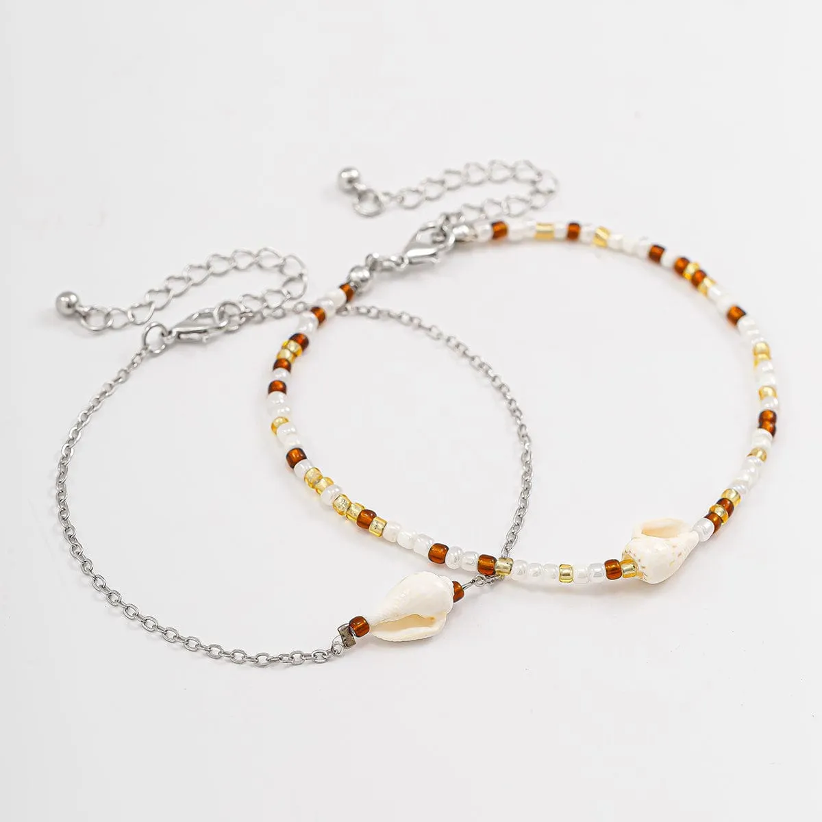 Boho 2Pcs Shell Charm Beaded Curb Chain Anklet Set