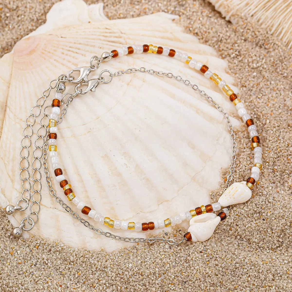 Boho 2Pcs Shell Charm Beaded Curb Chain Anklet Set