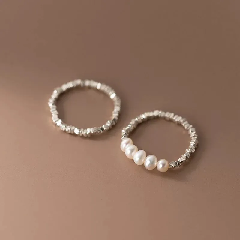 Boho & Mala Beaded Pearl Sterling Silver SET Ring (size 7-9) R1008