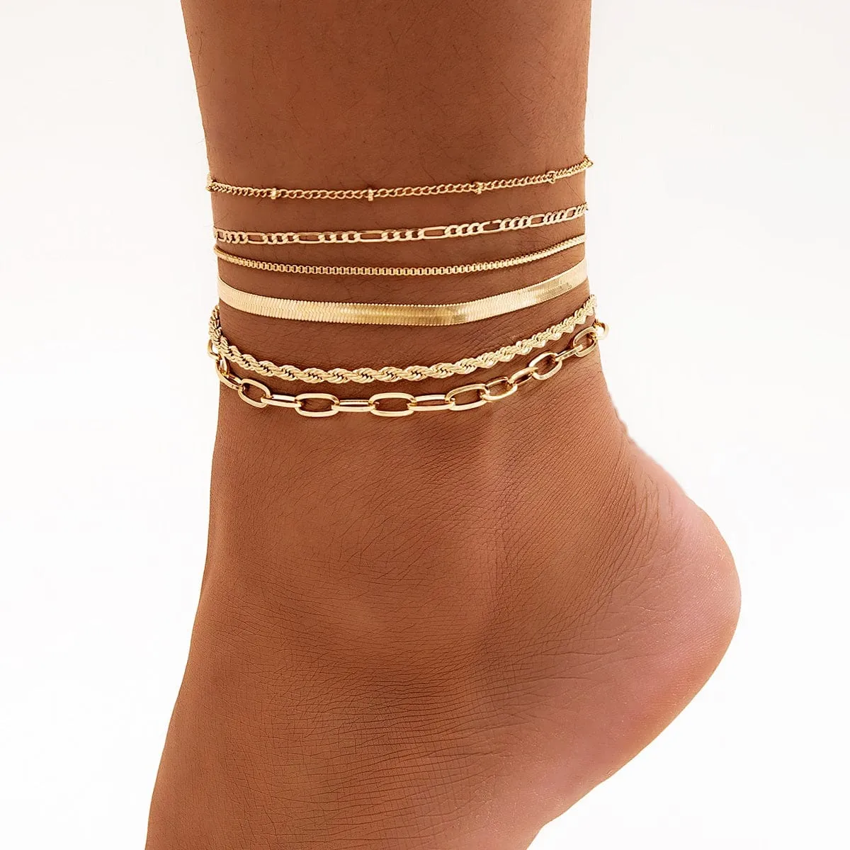 Boho Gold Plated Cable Chain Stackable Anklet Set