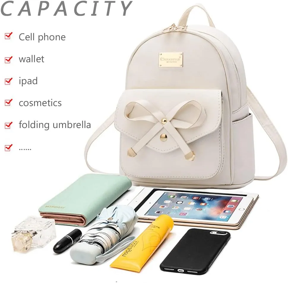 Bowknot Cute Leather Backpack, Girls Mini Backpack, Beige