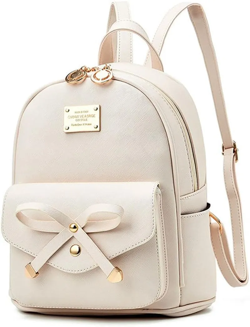 Bowknot Cute Leather Backpack, Girls Mini Backpack, Beige