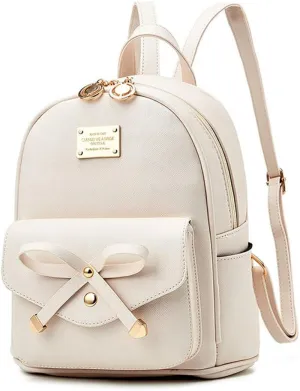 Bowknot Cute Leather Backpack, Girls Mini Backpack, Beige