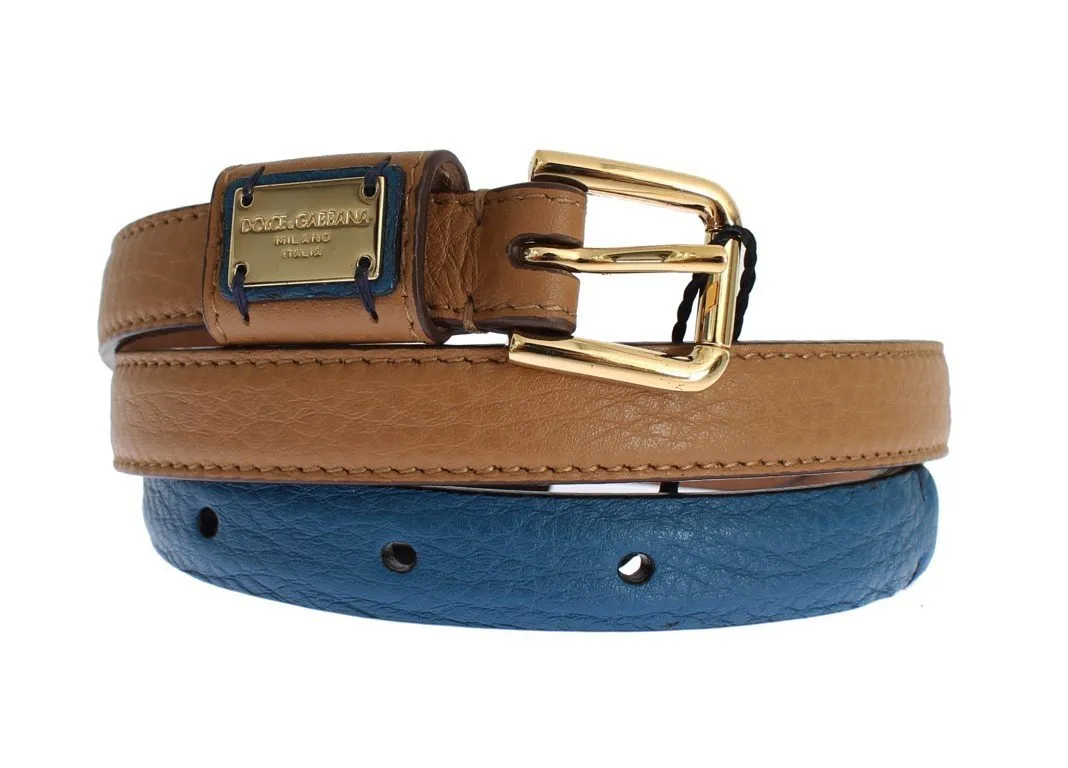 Brown Leather Gold Buckle Logo Waist Belt
