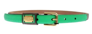 Brown Leather Gold Buckle Logo Waist Belt