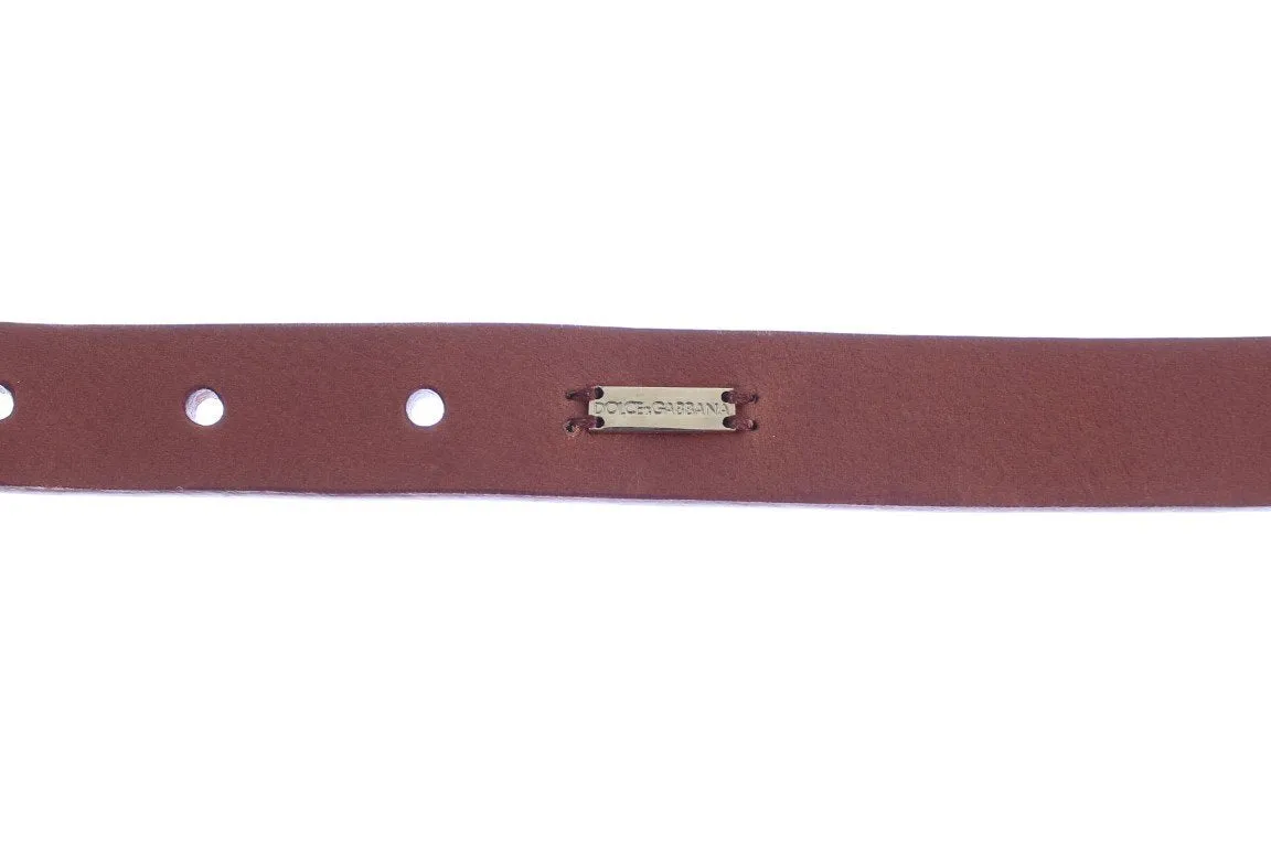 Brown Leather Gold Buckle Logo Waist Belt
