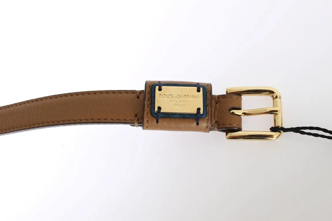 Brown Leather Gold Buckle Logo Waist Belt