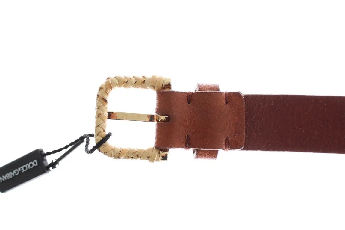 Brown Leather Gold Buckle Logo Waist Belt