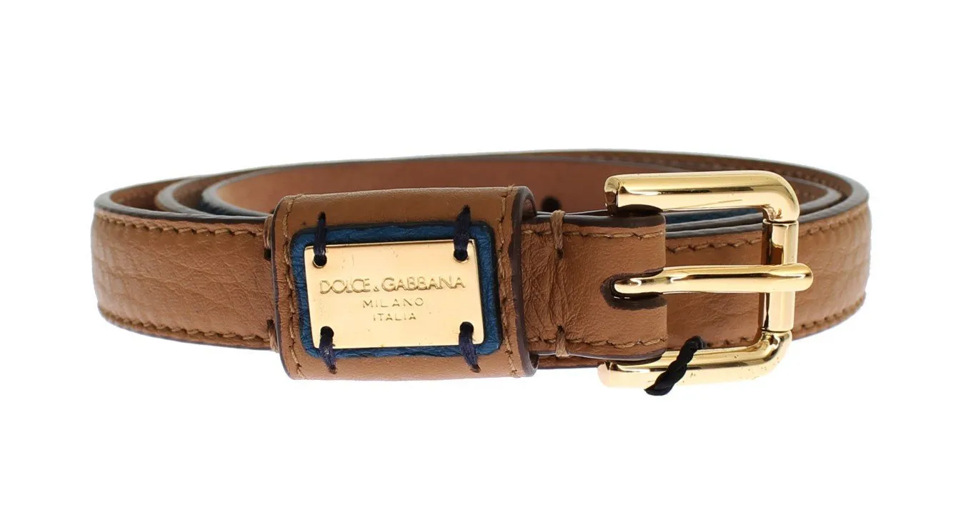 Brown Leather Gold Buckle Logo Waist Belt