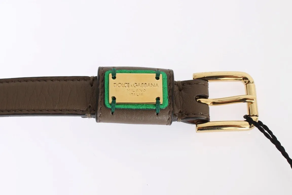 Brown Leather Gold Buckle Logo Waist Belt