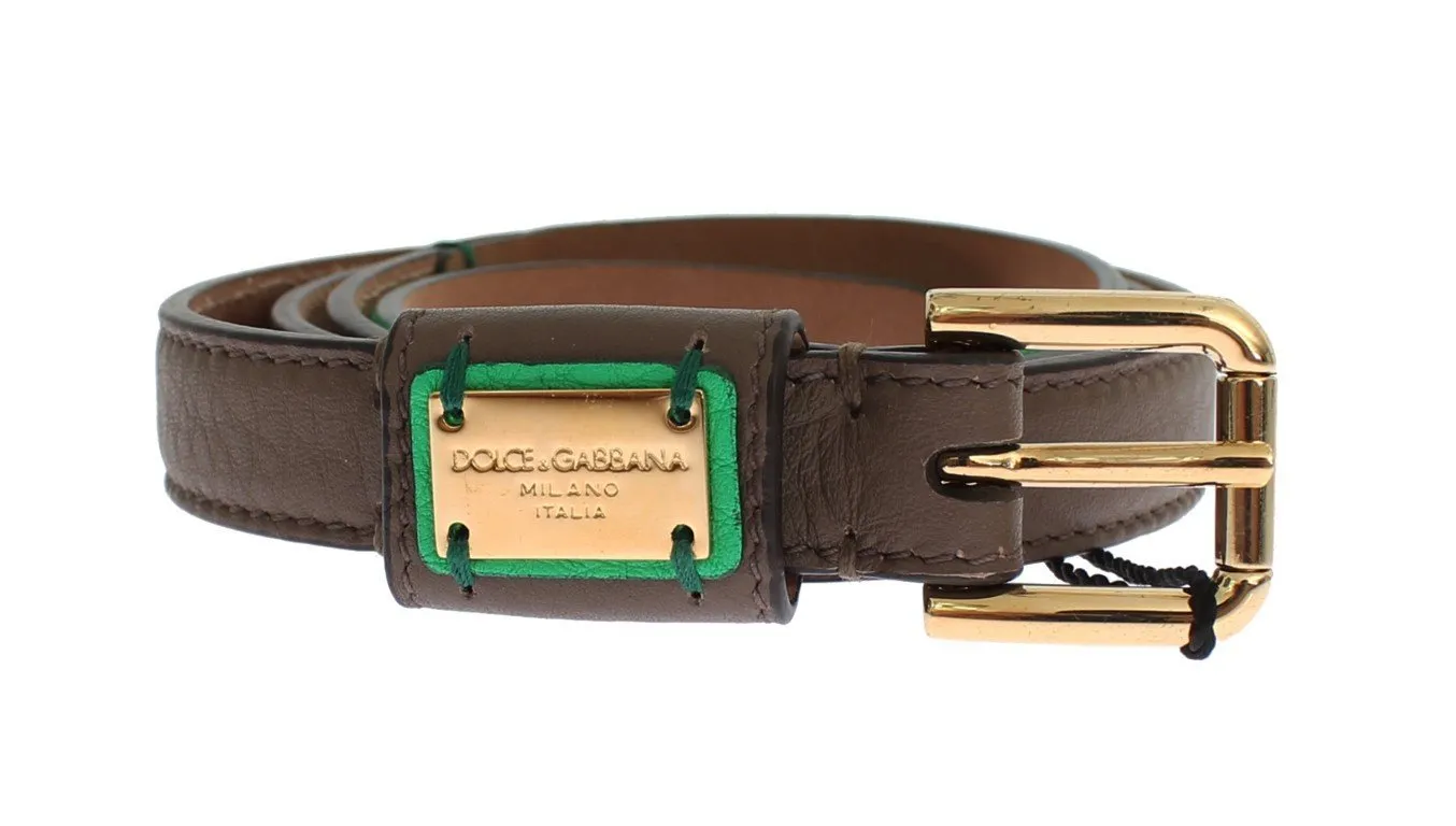 Brown Leather Gold Buckle Logo Waist Belt