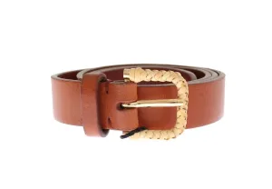 Brown Leather Gold Buckle Logo Waist Belt