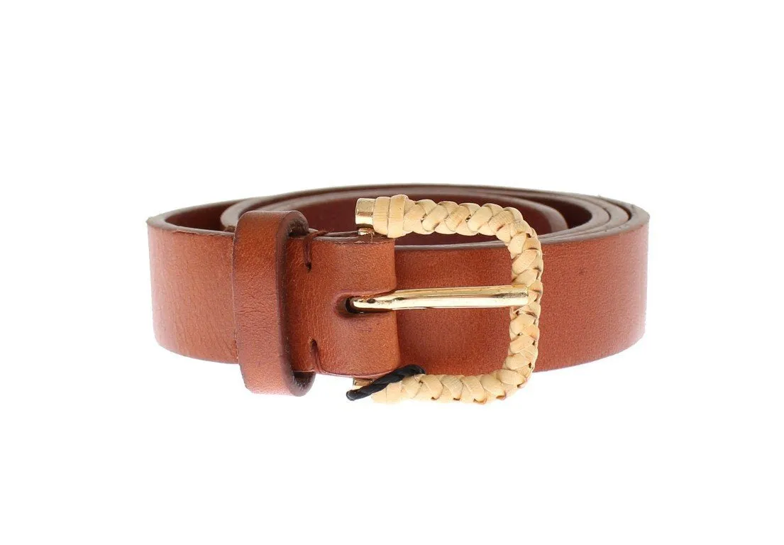 Brown Leather Gold Buckle Logo Waist Belt