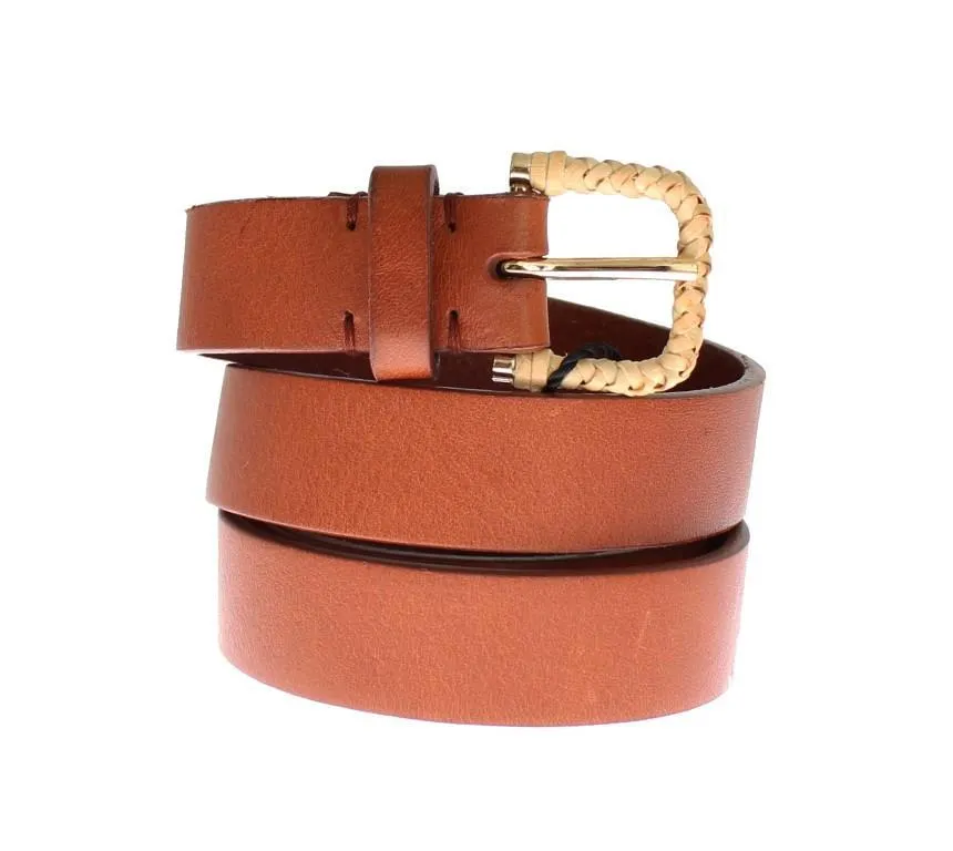 Brown Leather Gold Buckle Logo Waist Belt