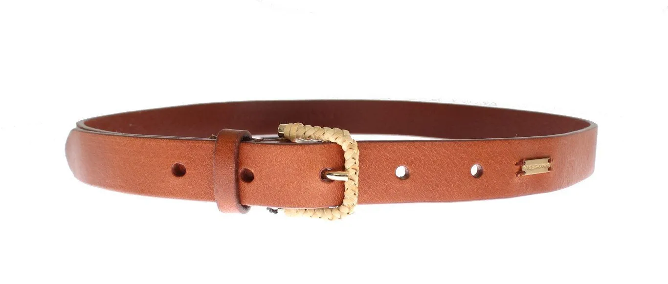 Brown Leather Gold Buckle Logo Waist Belt
