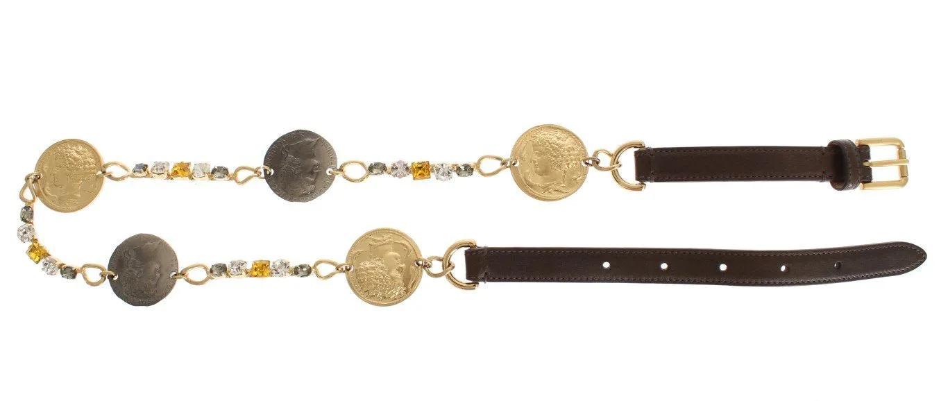 Brown Leather Roman Crystal Waist Belt