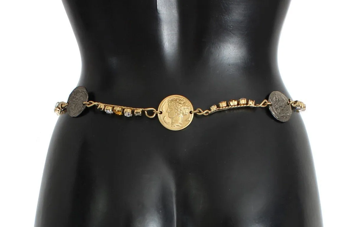 Brown Leather Roman Crystal Waist Belt