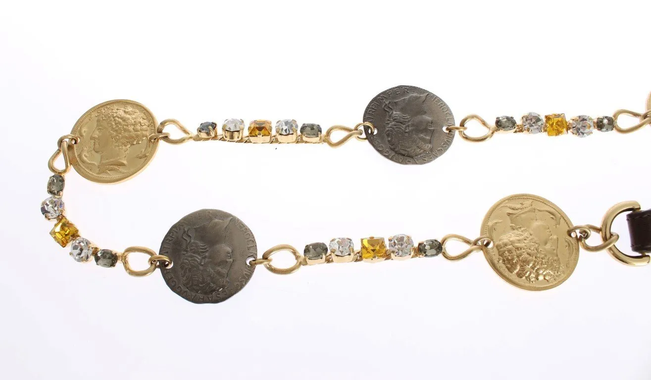Brown Leather Roman Crystal Waist Belt