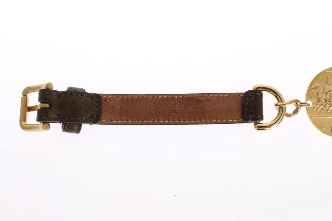 Brown Leather Roman Crystal Waist Belt