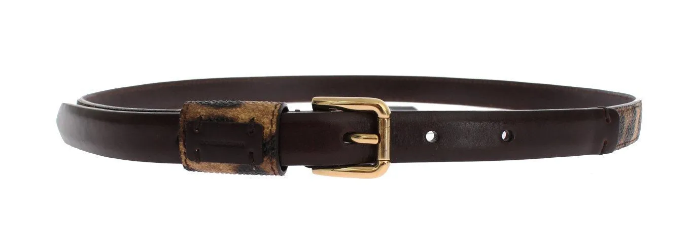 Brown Leopard Leather Gold Buckle Logo Belt